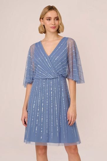 Adrianna Papell Blue Beaded Short Dress