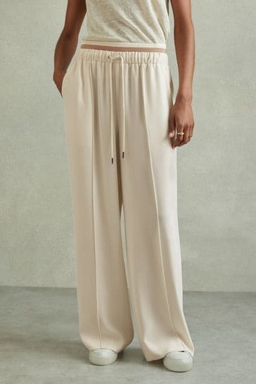 Reiss Cream Fleur Petite Waistband Detail Wide Leg Trousers