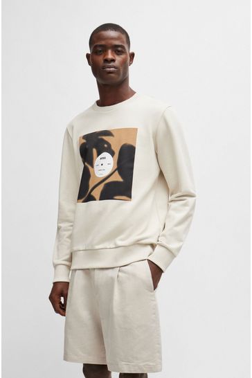 BOSS White Cotton-Terry Relaxed-Fit Sweatshirt With Seasonal Artwork