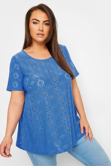 Yours Curve Blue Broderie Swing T-Shirt