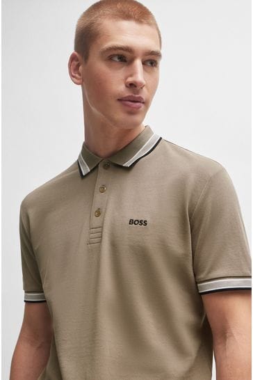 BOSS Khaki Green Cotton Polo Shirt With Contrast Logo Details