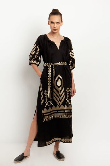 Greek Archaic Kori Black Embroidered 100 Linen Maxi Belted Dress
