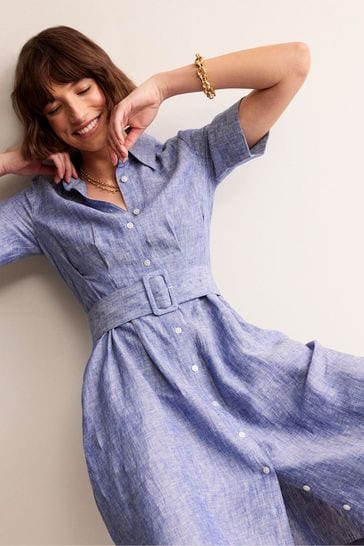 Boden Blue Louise Linen Midi Shirt Dress