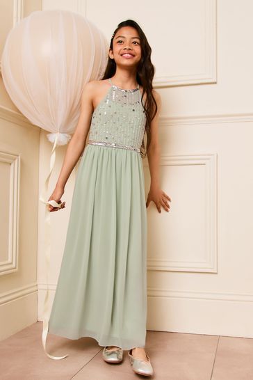 Lipsy Green Strap Maxi Embellished Occasion Dress 7 16yrs