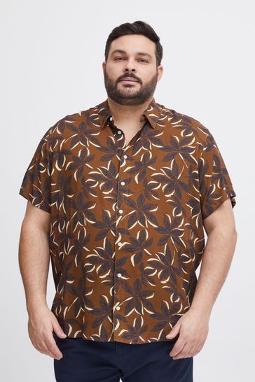 Blend Brown Leaf Printed Short Sleeve Shirt