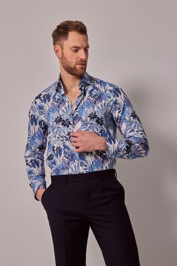Hawes & Curtis Floral Slim Blue Inverted Diamond Weave Mid Collar Shirt