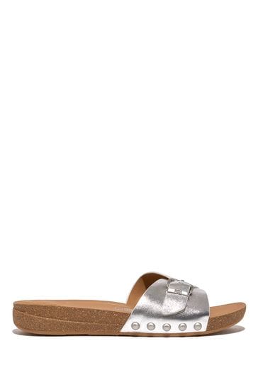 FitFlop Silver iQushion Adjustable Buckle Leather Slides