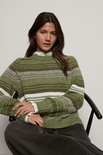 Khaki Green Ruffle Neck Knitted Jumper