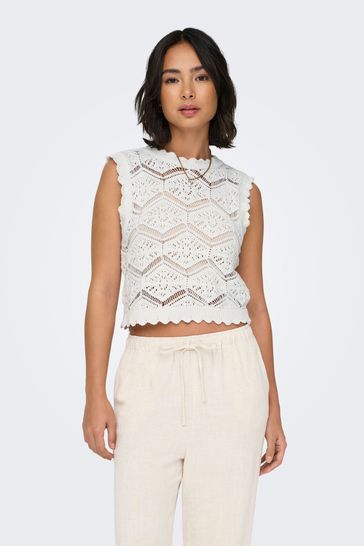 ONLY White Crochet Knitted Sleeveless Jumper