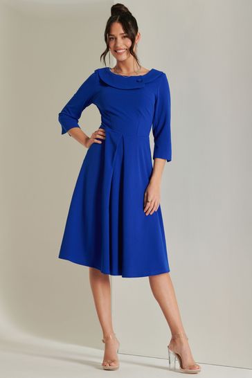 Jolie Moi Blue 3/4 Sleeve Fold Neck Midi Dress