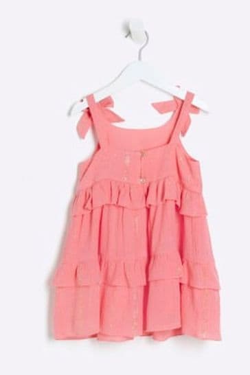 River Island Pink Girls Coral Sparkle Tiered Dress