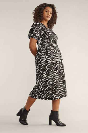 Evans Curve Black & Ivory White Spot Button Front Dress