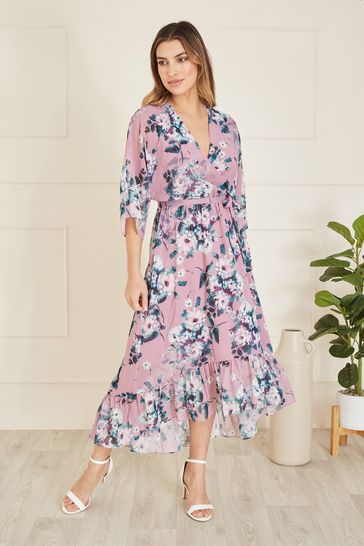 Buy Yumi Light Pink Floral Kimono Sleeves Dip Hem Wrap Midi Dress from Next Kuwait