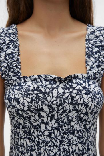 VERO MODA Blue Blurred Floral Print Shirred Midi Dress