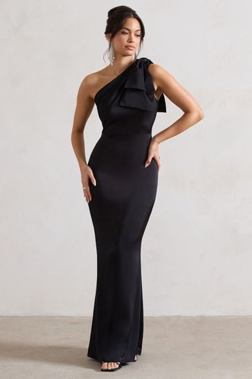 Club L London Black Lady Satin Asymmetric Maxi Dress With Bow