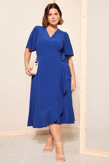 Curves Like These Blue Chiffon Mix Flutter Sleeve Wrap Midi Dress