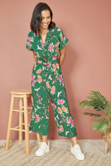 Yumi Green Crane Print Jumpsuit With Matching Belt