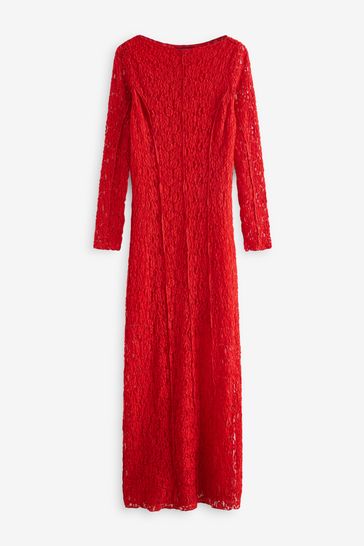 Scarlet Red Long Sleeve Lace Maxi Dress