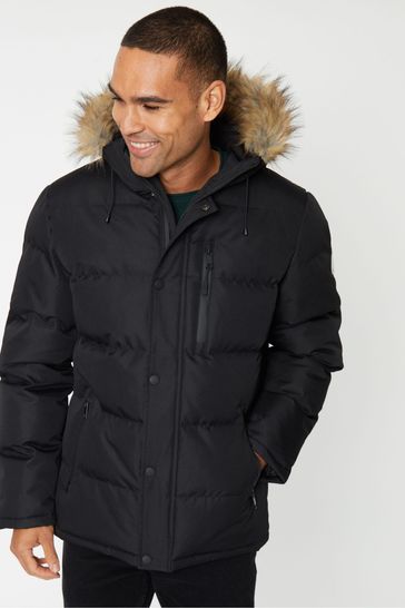 Threadbare Black Showerproof Hooded Padded Parka Jacket