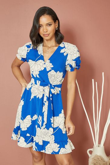 Mela Blue Blossom Print Wrap Dress With Puff Sleeves