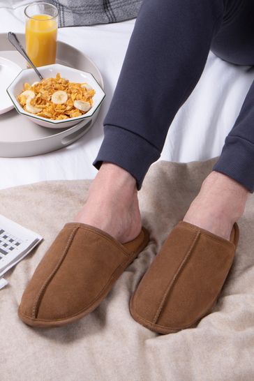 Totes Brown Mens Isotoner Real Suede Mules Slippers