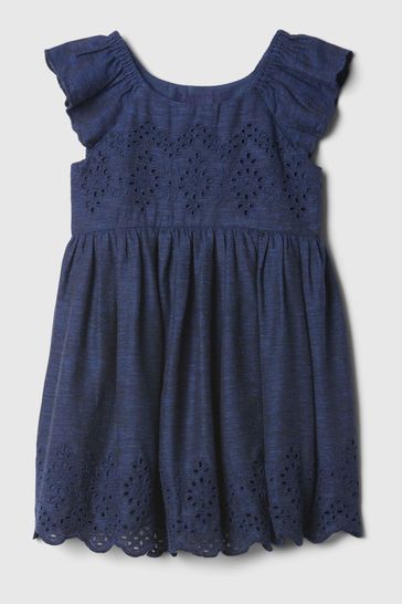 Gap Navy/Blue Cotton Eyelet Flutter Sleeve Baby Dress (Newborn-5yrs)