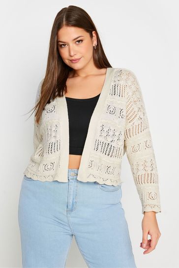 Your Curve Ivory White Pure Cotton Cropped Pointelle Cardigan