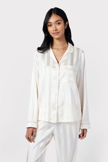 Chelsea Peers White Satin Jacquard Stripe Long Pyjama Set