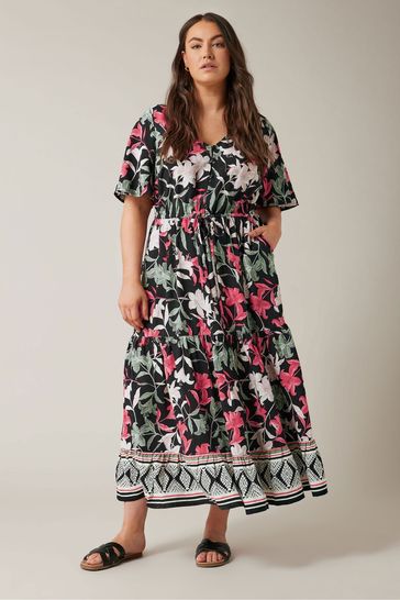 Buy Evans Curve Black Floral Design Border Print Midi Dress from Next Ireland