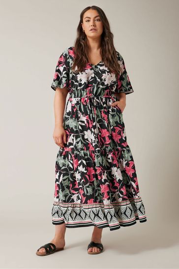 Evans Curve Black Floral Design Border Print Midi Dress