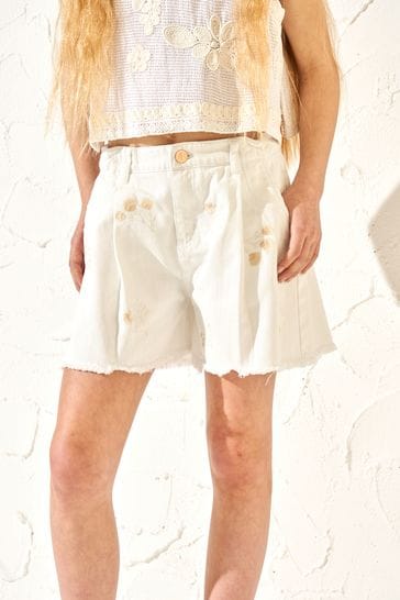 Angel & Rocket Cream Raya Embroidered Denim Shorts