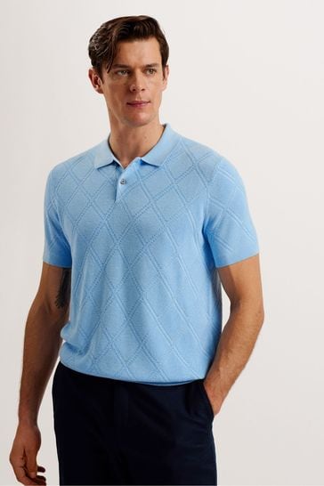 Ted Baker Blue Ventar Regular Short Sleeve Diagonal Diamond Polo Shirt
