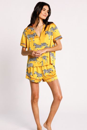 Chelsea Peers Yellow Satin Mustard Zebra Print Short Pyjama Set