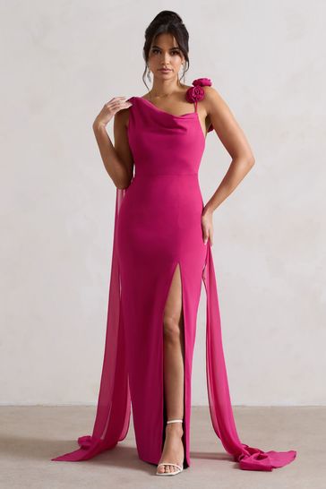 Club L Pink Angeline Chiffon Draped Split Maxi Dress With Corsages