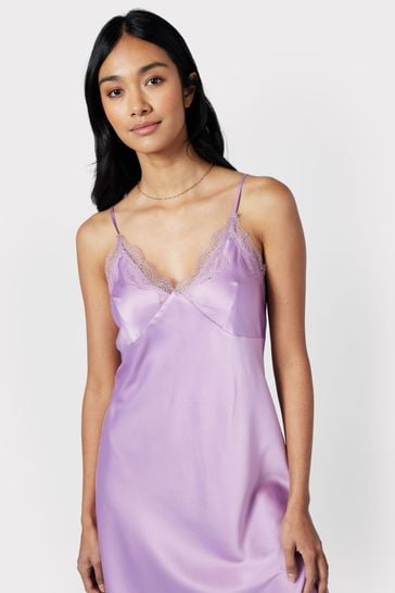 Chelsea Peers Purple Satin Lace Trim Slip Nightdress