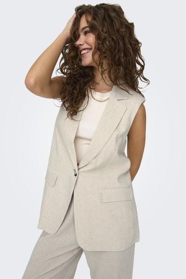 ONLY Cream Tailored Sleeveless Blazer Waistcoat With A Touch Of Linen Vest
