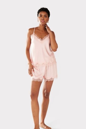 Chelsea Peers Pink Satin Lace Trim Cami Short Pyjama Set