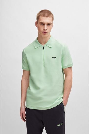 BOSS Green Short-Sleeved Zip-Neck Polo Sweater With Logo Detail
