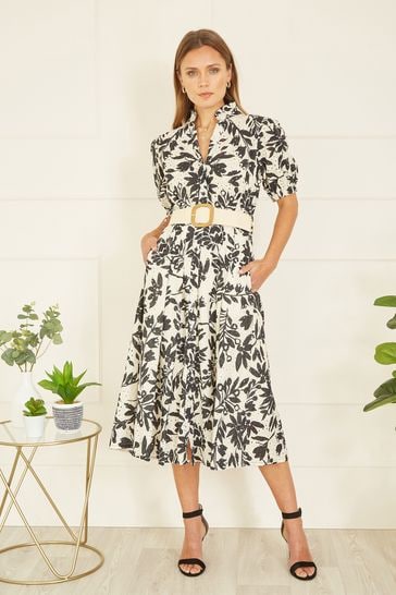 Yumi Black Leaf Print Broderie Anglaise Cotton Midi Shirt Dress With Matching Belt