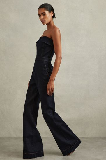 Reiss Indigo Tiggie Denim Strapless Wide Leg Jumpsuit