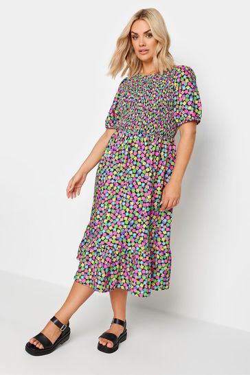 Yours Curve Black Limited Collection Rainbow Floral Print Shirred Midaxi Dress