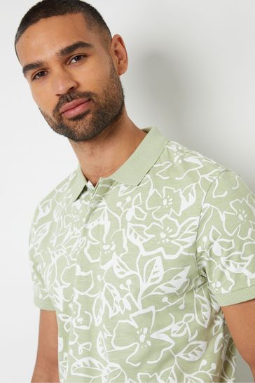 Threadbare Green Print Cotton Floral Print Polo Shirt