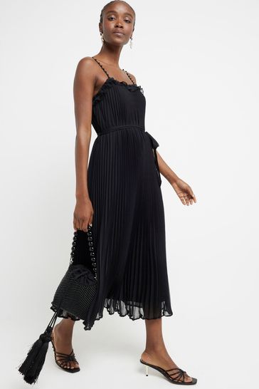 Buy River Island Black Pleated Pearl Ruffle Midi Dress from Next United Arab Emirates