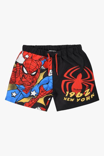 Brand Threads Black Spiderman Boys Swim Shorts