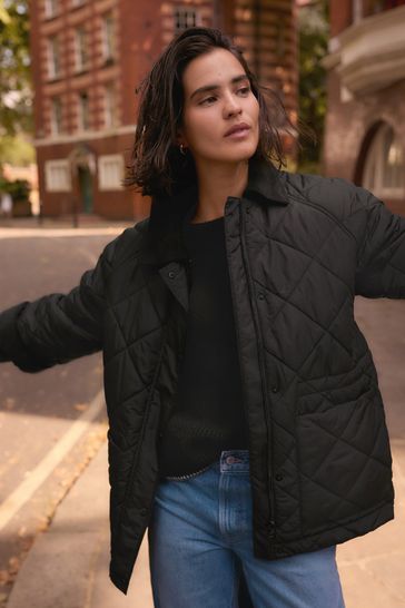 Black Quilted Cord Collar Shower Resistant Jacket