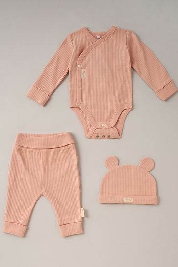 Homegrown Pink 3 Piece Ribbed Bodysuit Joggers And Bear Hat Set