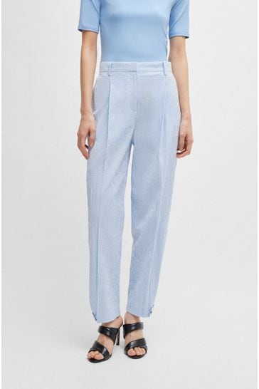BOSS Blue Relaxed Fit Trousers in Striped Stretch-Cotton Seersucker