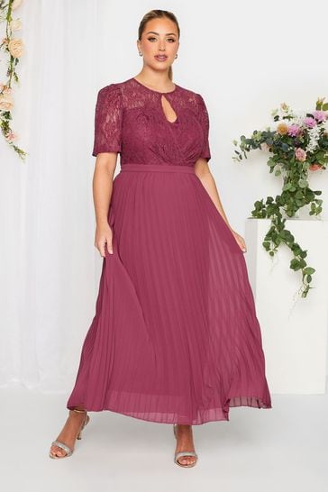 Yours Curve Red London Occasion Lace Puff Sleeve Pleat Maxi Dress