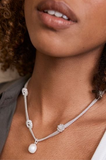 Mint Velvet Silver Tone Pearl Knot Necklace