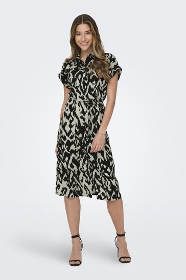 ONLY Cream Short Sleeve Printed Button Up Midi Shirt Dress